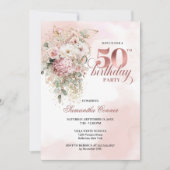 Watercolor Blush Florals Greenery 50th Birthday Einladung (Vorderseite)