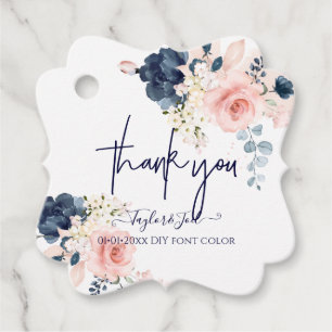 Watercolor Blush Navy Blue Rose Danke, Script Geschenkanhänger