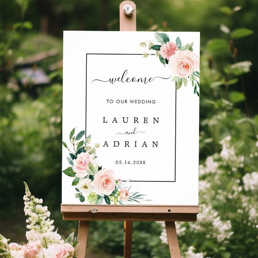 Watercolor Blush Pink Bloom Wedding Welcome Sign Poster