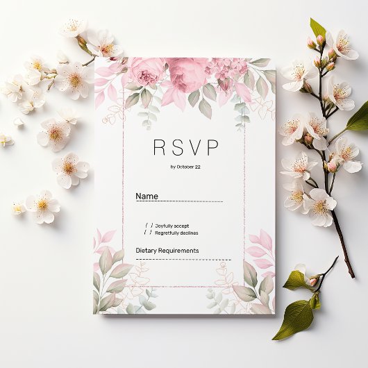 Watercolor blush pink mint white floral RSVP Einladung