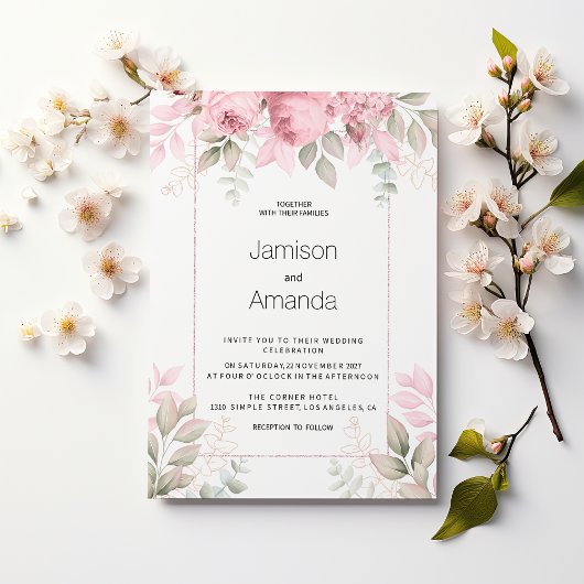 Watercolor blush pink mint white floral Wedding Einladung