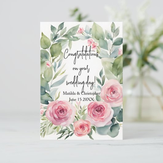 Watercolor Blush Pink Rose & Eucalyptus Wedding Karte (Stehend Vorderseite)