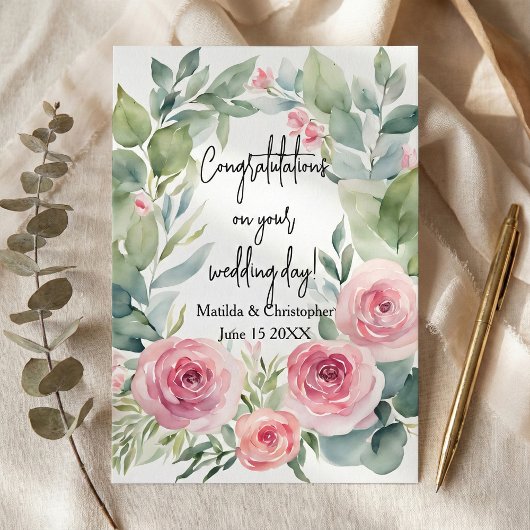 Watercolor Blush Pink Rose & Eucalyptus Wedding Karte