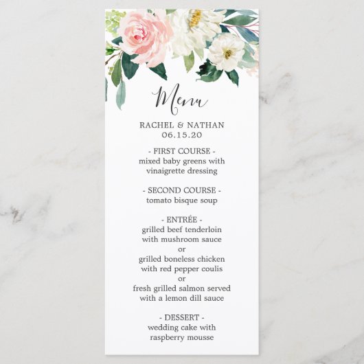 Watercolor Blush Pink & White Bloom Floral Wedding Menükarte (Vorderseite)