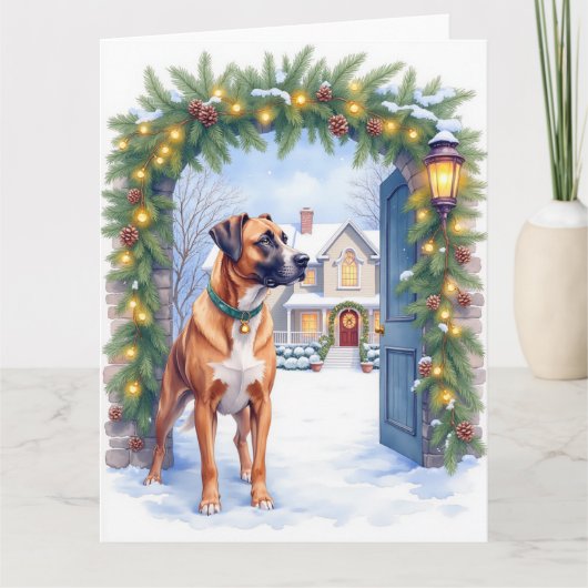 Watercolor Boerboel Farmhouse Gate Christmas Karte (Vorderseite)