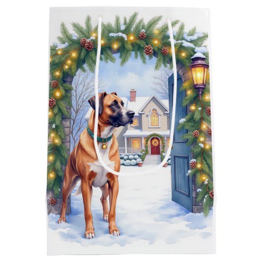 Watercolor Boerboel Farmhouse Gate Christmas Mittlere Geschenktüte (Rückseite)