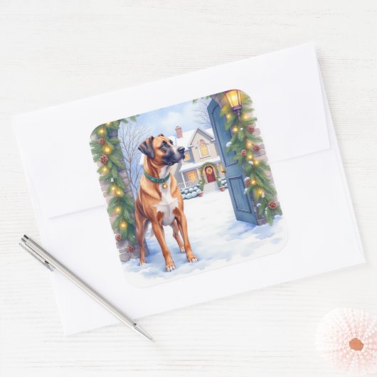 Watercolor Boerboel Farmhouse Gate Christmas Quadratischer Aufkleber (Umschlag)