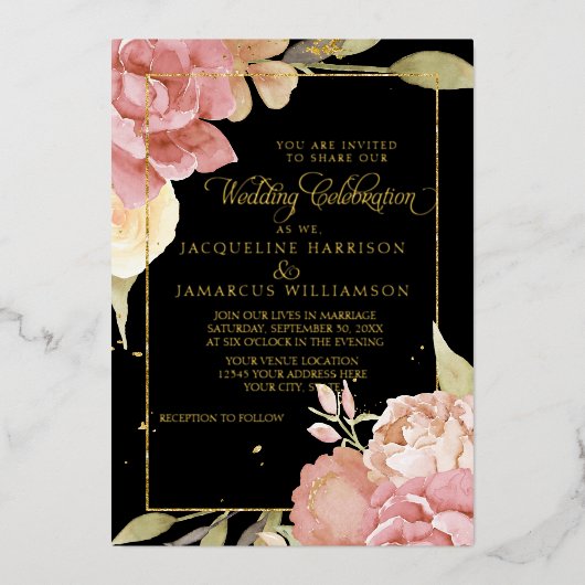 Watercolor Boho Blume Black n Pink Wedding Gold Folieneinladung (Vorderseite)