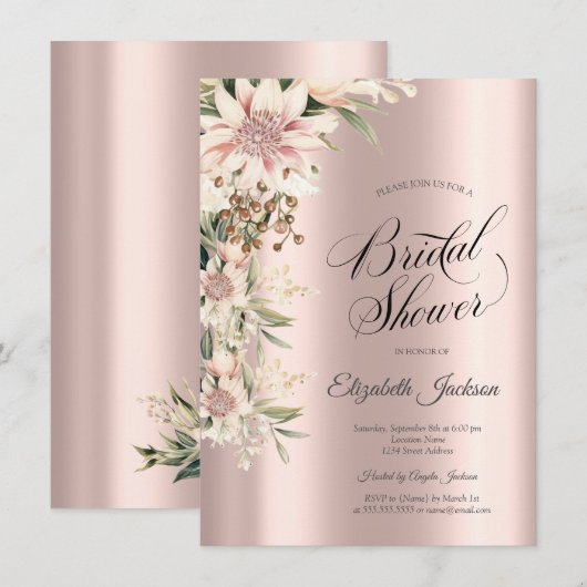 Watercolor Boho Blume Rose Gold Brautparty Einladung (Vorne/Hinten)