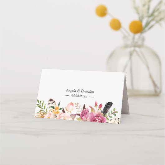 Watercolor Boho Blumenstrauß Hochzeitstisch Platzkarte (Rückseite)