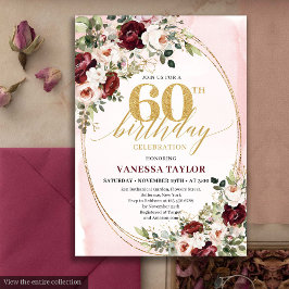 Watercolor Boho Blush Burgundy 60th Birthday Card Einladung
