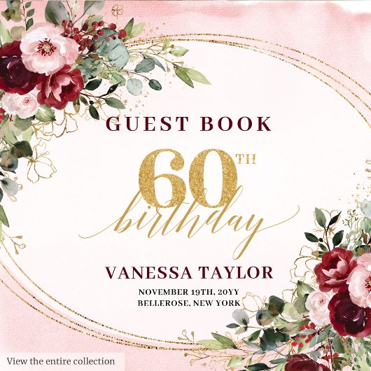 Watercolor Boho Burgundy Gold 60th Birthday Gästebuch