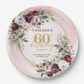 Watercolor Boho Burgundy Greenery Gold 60 Birthday Pappteller (Vorderseite)