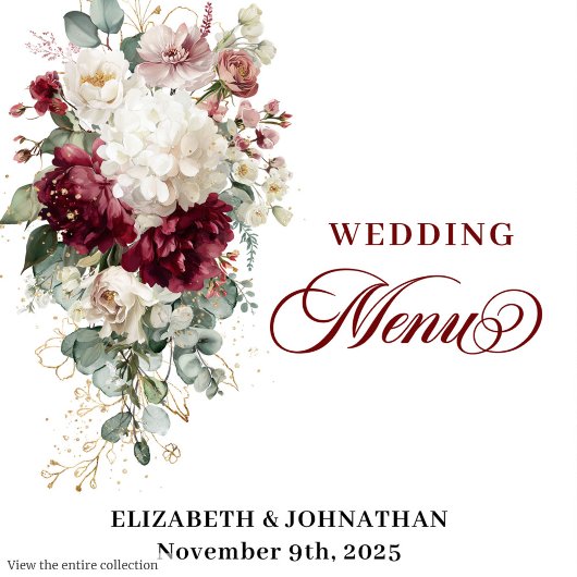 Watercolor Boho Burgundy White Wedding Menü Menükarte