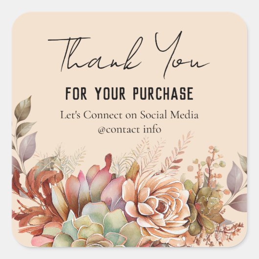 Watercolor Boho Cactus Business Vielen Dank Quadratischer Aufkleber (Vorderseite)