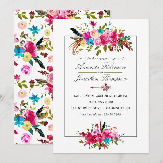 Watercolor Boho Chic Floral Engagement Party Einladung (Vorne/Hinten)