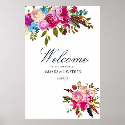 Watercolor Boho Chic Floral Wedding Willkommen Poster (Vorne)