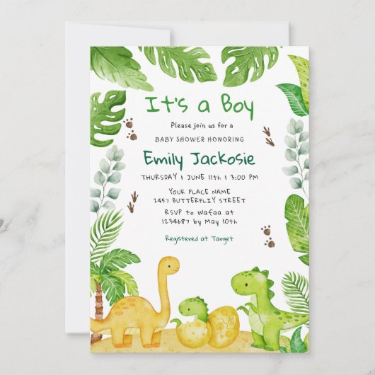 Watercolor Boho Dinosaur Greenery Boy Baby Shower Einladung (Vorderseite)