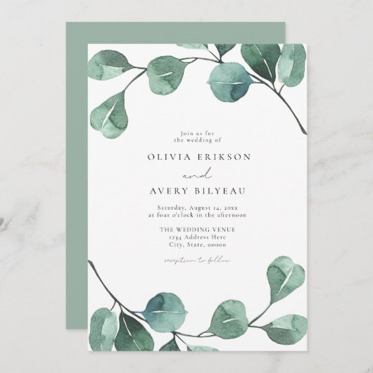 Watercolor Boho Eucalyptus Greenerity Wedding Einladung (Vorne/Hinten)
