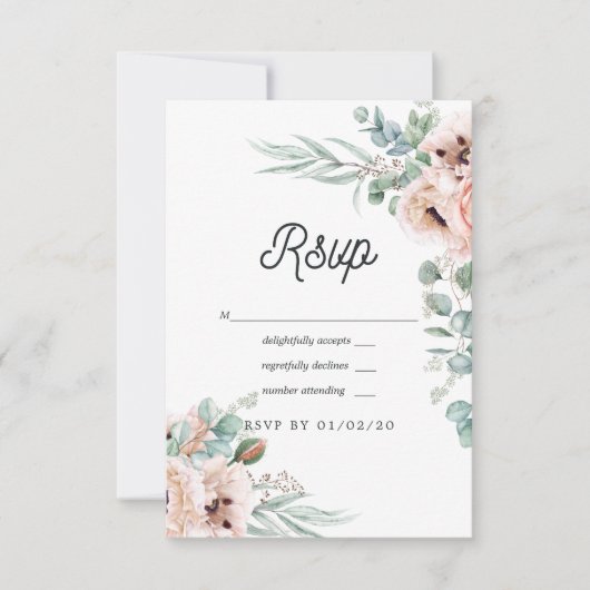 Watercolor Boho Eucalyptus Poppy Wedding RSVP Karte (Vorderseite)
