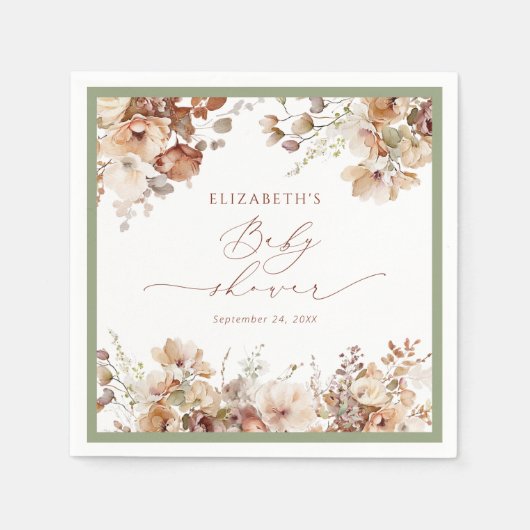 Watercolor Boho Fall Floral Baby Dusche Napkins Serviette (Vorderseite)