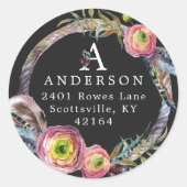 Watercolor Boho Feather Wreath Monogram-Adresse Runder Aufkleber (Vorderseite)