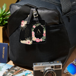 Watercolor Boho Floral auf Schwarz Chic Monogram Gepäckanhänger