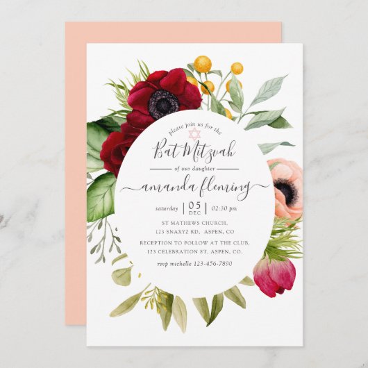 Watercolor Boho Floral Bat Mitzvah Einladung (Vorne/Hinten)