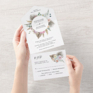 Watercolor Boho Floral Pampas Wedding All In One Einladung