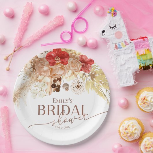 Watercolor Boho Floral | Terracotta-Brautparty Pappteller (Party)