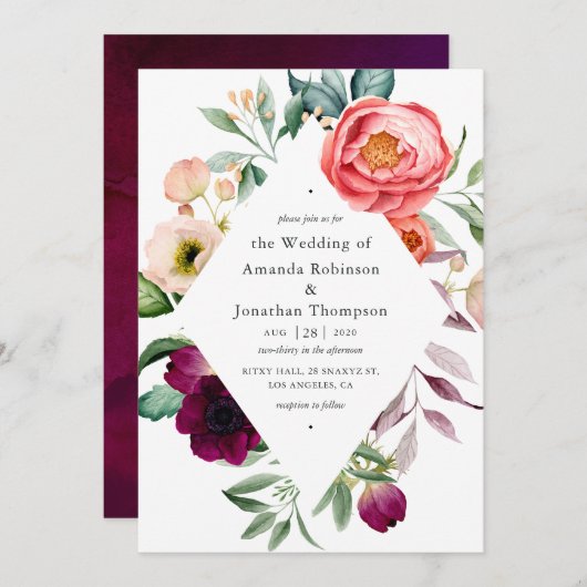 Watercolor Boho Floral Wedding Einladung (Vorne/Hinten)