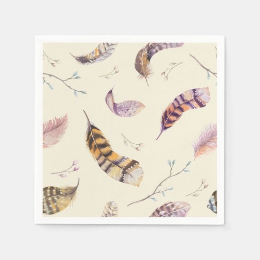 Watercolor Boho Natur Rustikale Federn Serviette (Vorderseite)