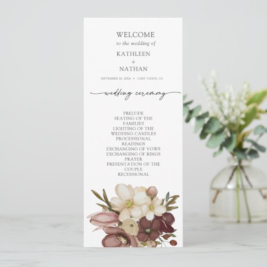 Watercolor Boho Neutral Wedding Program Menükarte (Stehend Vorderseite)