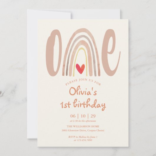 Watercolor Boho Rainbow Heart 1st Birthday Einladung (Vorderseite)