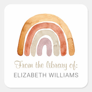 Watercolor Boho Rainbow Personalisiertes Buchzeich Quadratischer Aufkleber