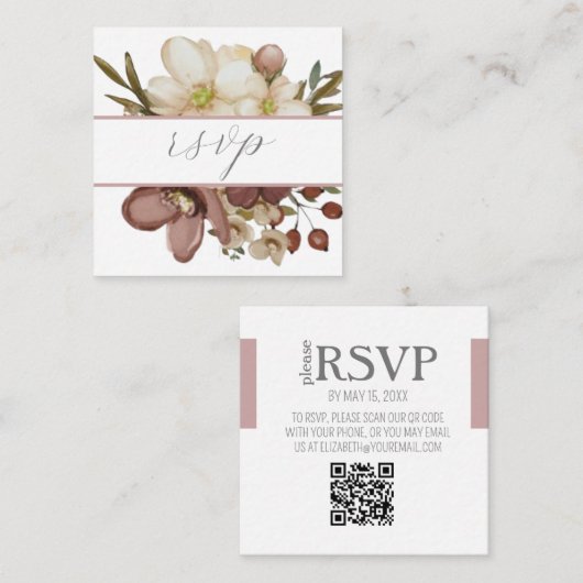 Watercolor Boho Rose & Neutral QR Code RSVP Card Begleitkarte (Vorne/Hinten)