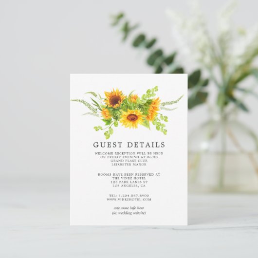 Watercolor Boho Sunflowers Hochzeitgästen Details Begleitkarte (Stehend Vorderseite)