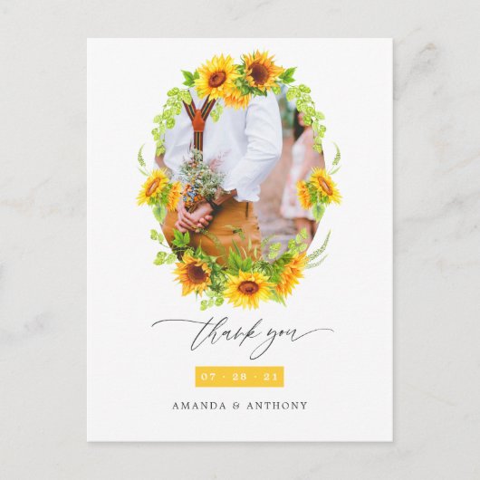 Watercolor Boho Sunflowers Wedding Foto Vielen Dan Postkarte (Vorderseite)