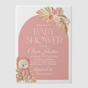 Watercolor Boho Teddy Bear Girl Pink Babydusche Pergament Einladungen