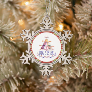 Watercolor Boho Teepee Big Sister Weihnachten Schneeflocken Zinn-Ornament