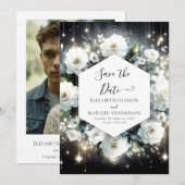 Watercolor Boho White Roses Wedding Save The Date (Vorne/Hinten)
