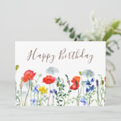Watercolor Boho Wildblume Poppies Happy Birthday Karte (Stehend Vorderseite)