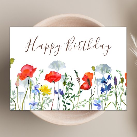 Watercolor Boho Wildblume Poppies Happy Birthday Karte