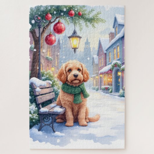 Watercolor Bolognese Festive Town Bench Christmas Puzzle (Vertikal)