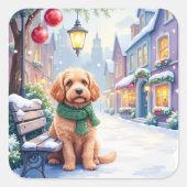 Watercolor Bolognese Festive Town Bench Christmas  Quadratischer Aufkleber (Vorderseite)