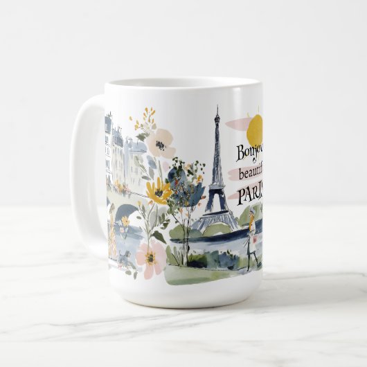 Watercolor Bonjour Beautiful Paris Kaffeetasse (Vorderseite Links)