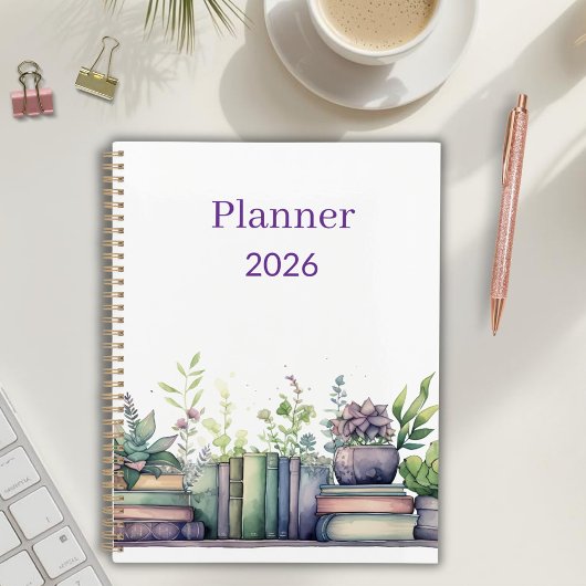 Watercolor Books and Plants Personalized Planner Planer