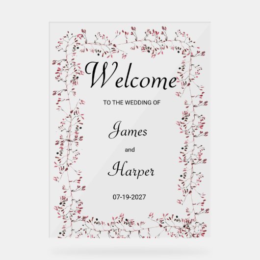 Watercolor bordeauxpas, rosa Blumenblätter Begrüßu Acrylschild (Vorderseite)