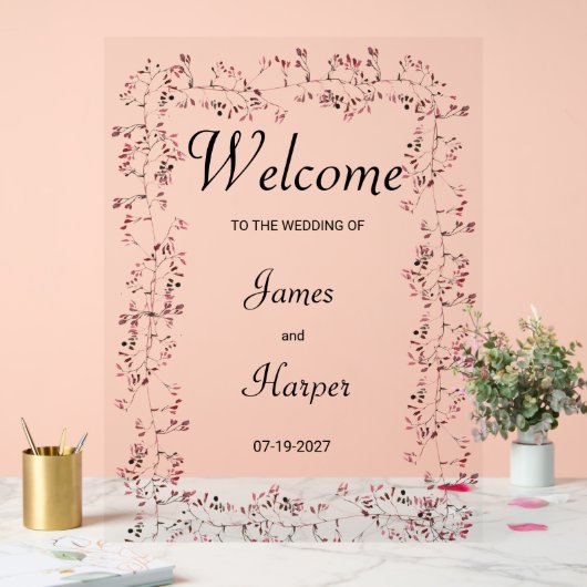Watercolor bordeauxpas, rosa Blumenblätter Begrüßu Acrylschild (Hochzeit)