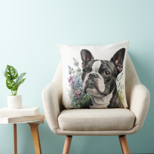 WATERCOLOR BOSTON TERRIER HUND MIT BLUME KISSEN